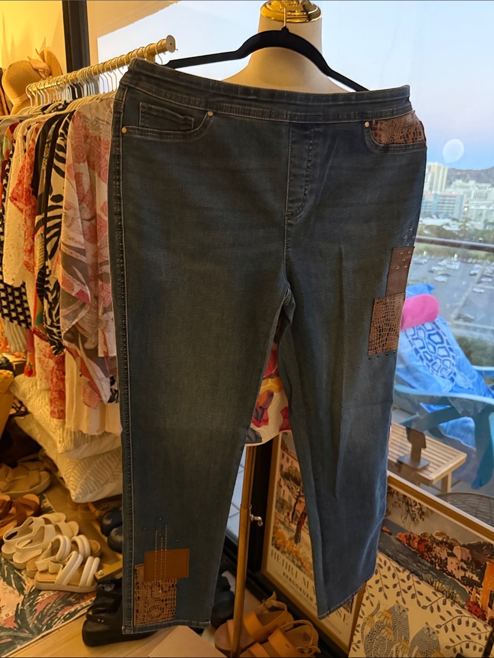 Chico's Dark Blue Straight Leg Jeans with Brown Patchwork